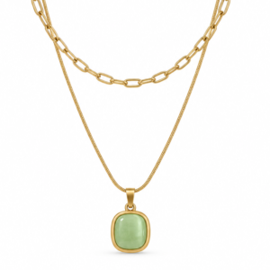 gold layered necklace with green pendant